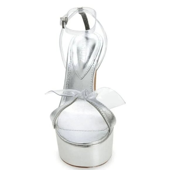 Schutz Elyda Leather Metallic Clear Silver Platform High Heel Sandals Size 7 - Picture 2 of 11